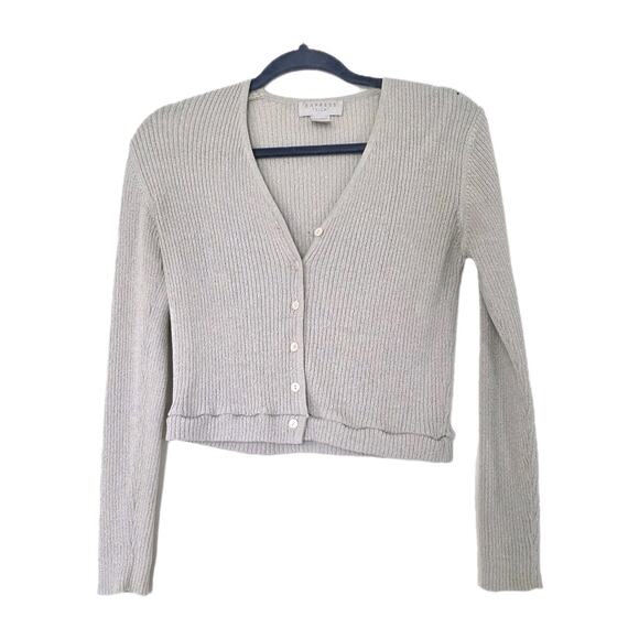 Vintage Express Cropped Ribbed Cardigan Women XS Button Up Gray Cream Preppy Y2K - Picture 1 of 9